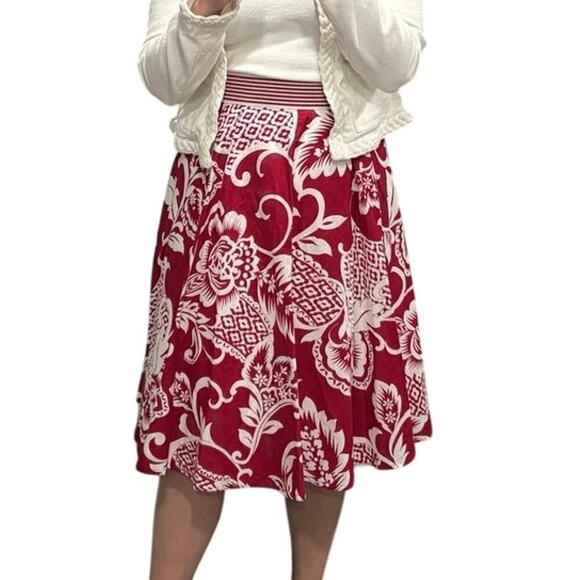 DRESS BARN Red Tropical Floral Poplin Cotton Elastic Waist Skirt Women's - Picture 1 of 8